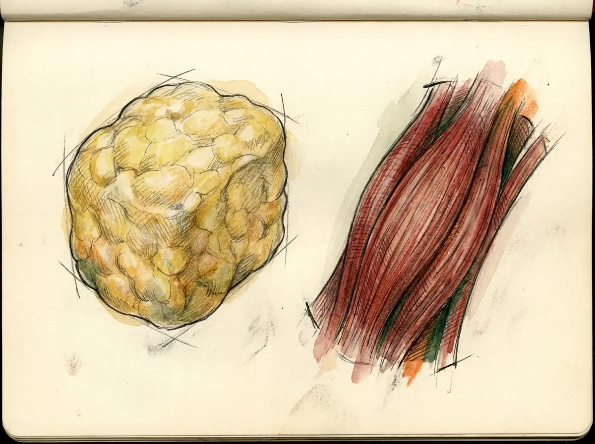 Ilustração de desenho a mão colorido, estilo caderno de anatomia, comparando duas amostras de tecido lado a lado: um bloco de gordura amarela e um feixe de músculo vermelho