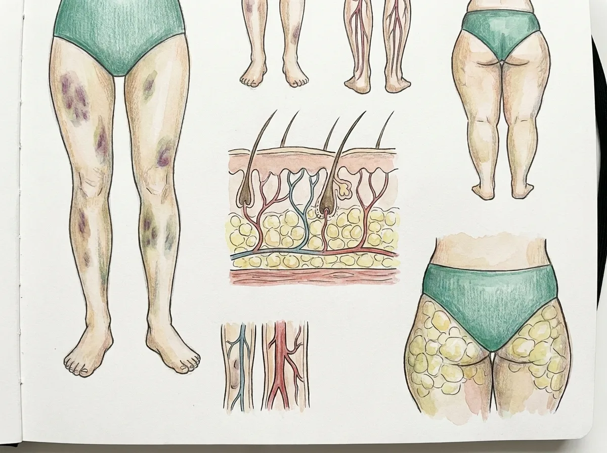 Ilustracao de desenho a mao colorido, estilo caderno de anatomia, retratando facilidade para hematomas como sintoma frequentemente ignorado do lipedema, tema lipedema