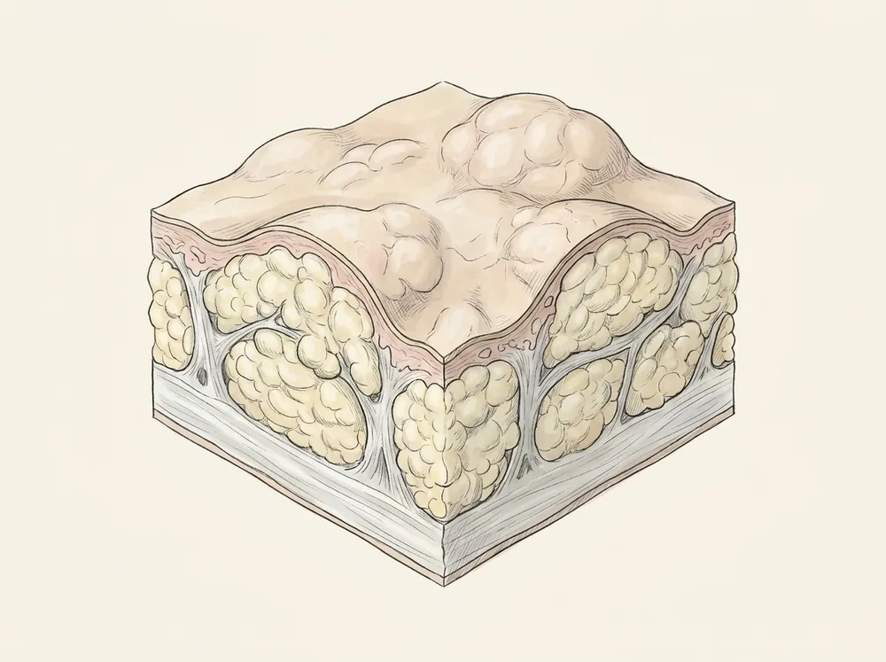 Ilustração médica em corte transversal da pele e tecido subcutâneo no estágio 3 do lipedema: lobos de gordura maiores e irregulares deformando o contorno da pele