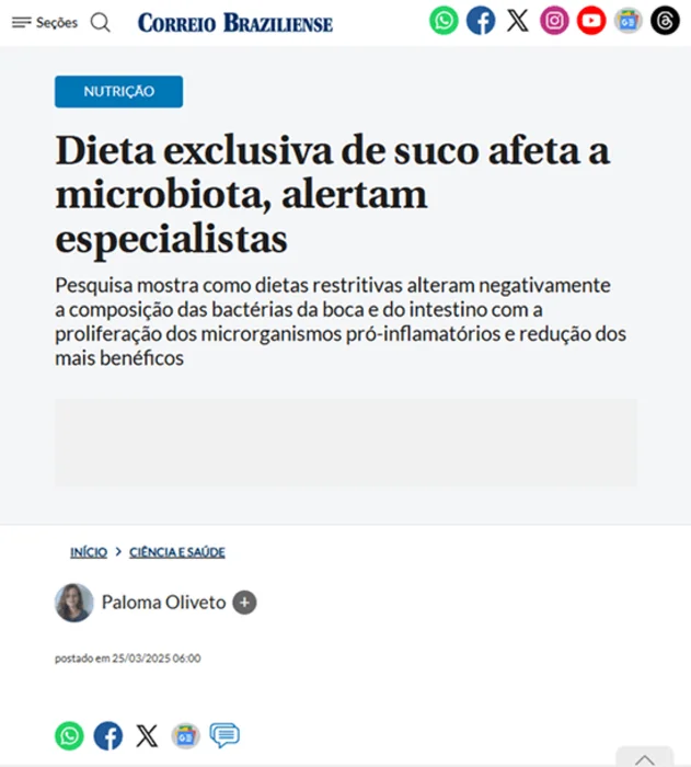 Print da matéria do Correio Braziliense sobre dieta exclusiva de suco e microbiota