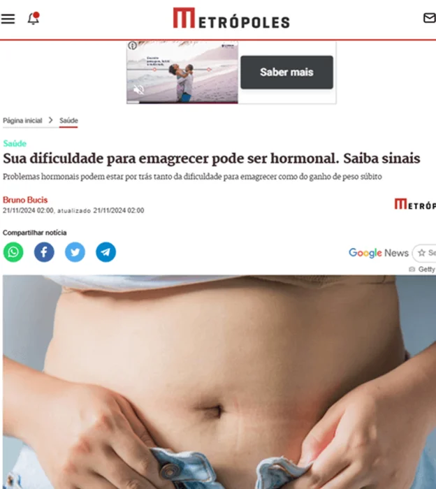 Print da matéria do Metrópoles sobre dificuldade hormonal para emagrecer