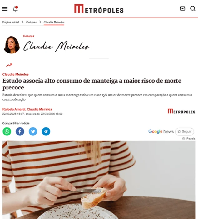 Print da matéria do Metrópoles sobre consumo de manteiga e risco de morte precoce