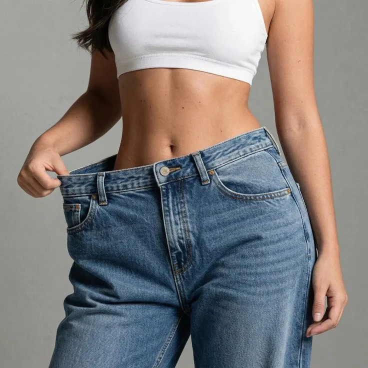 Mulher vestindo calça jeans folgada após emagrecimento (imagem ilustrativa)